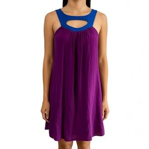 Christopher Deane 100% Silk Mini Dress | Small | Purple + Cobalt Cutout Neckline